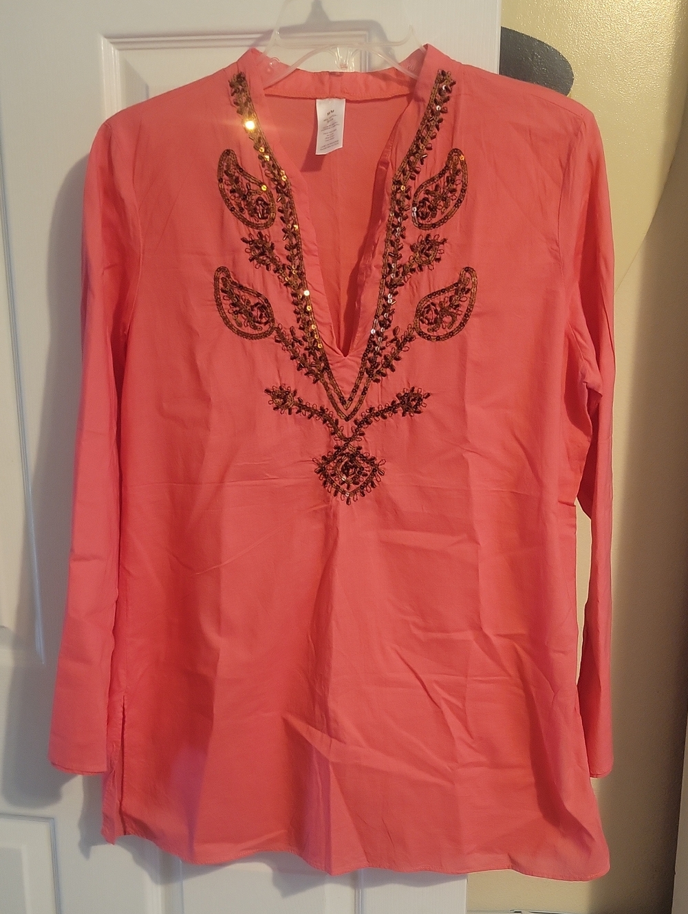 Coral SzM 100% Cotton Embellished Sequined V-Neck Long-Sleeve Tunic